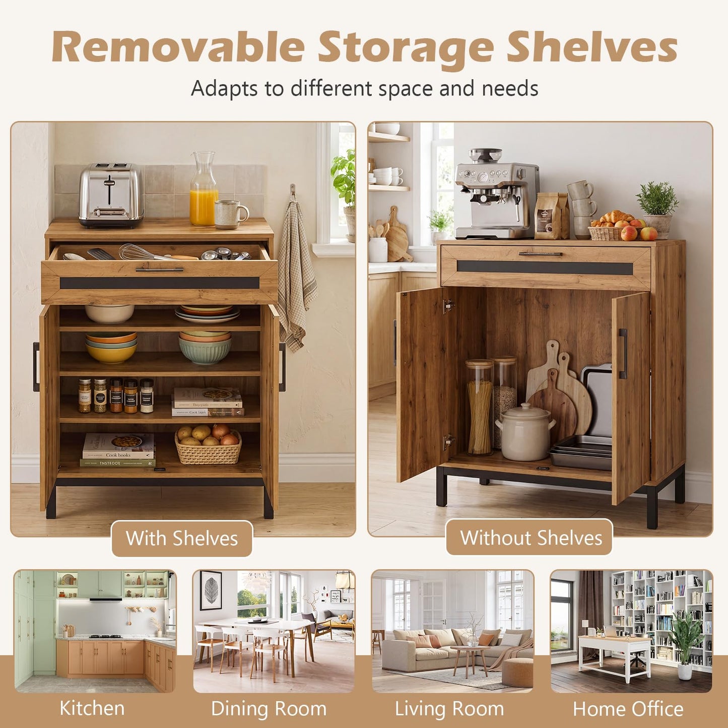 Storage Cabinet, Wooden Buffet Sideboard with Drawer, Doors, Removable Shelves and Metal Legs