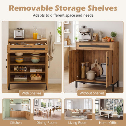 Storage Cabinet, Wooden Buffet Sideboard with Drawer, Doors, Removable Shelves and Metal Legs