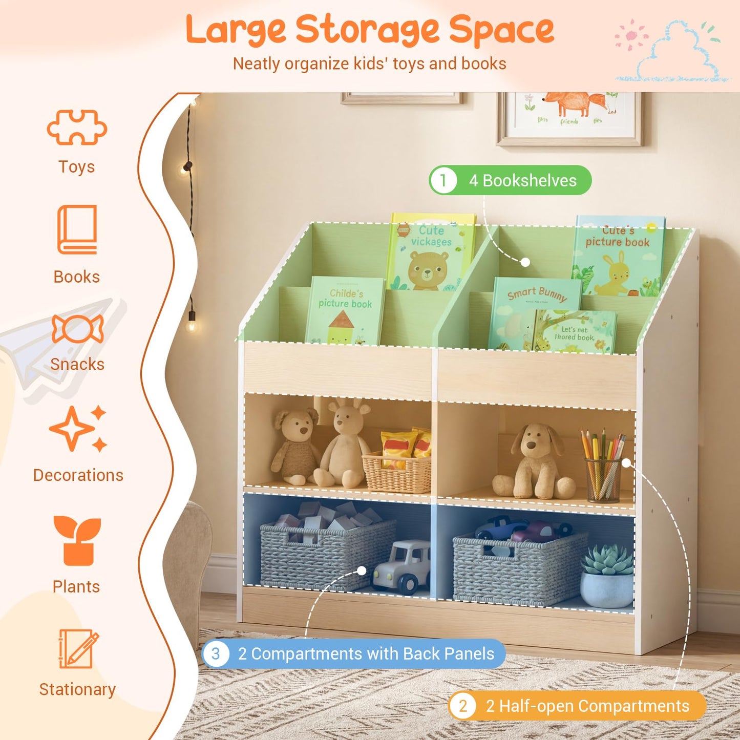 Kids Bookshelf Toddler Book Stand with 4 Upright Cubes and 4 Storage Compartments