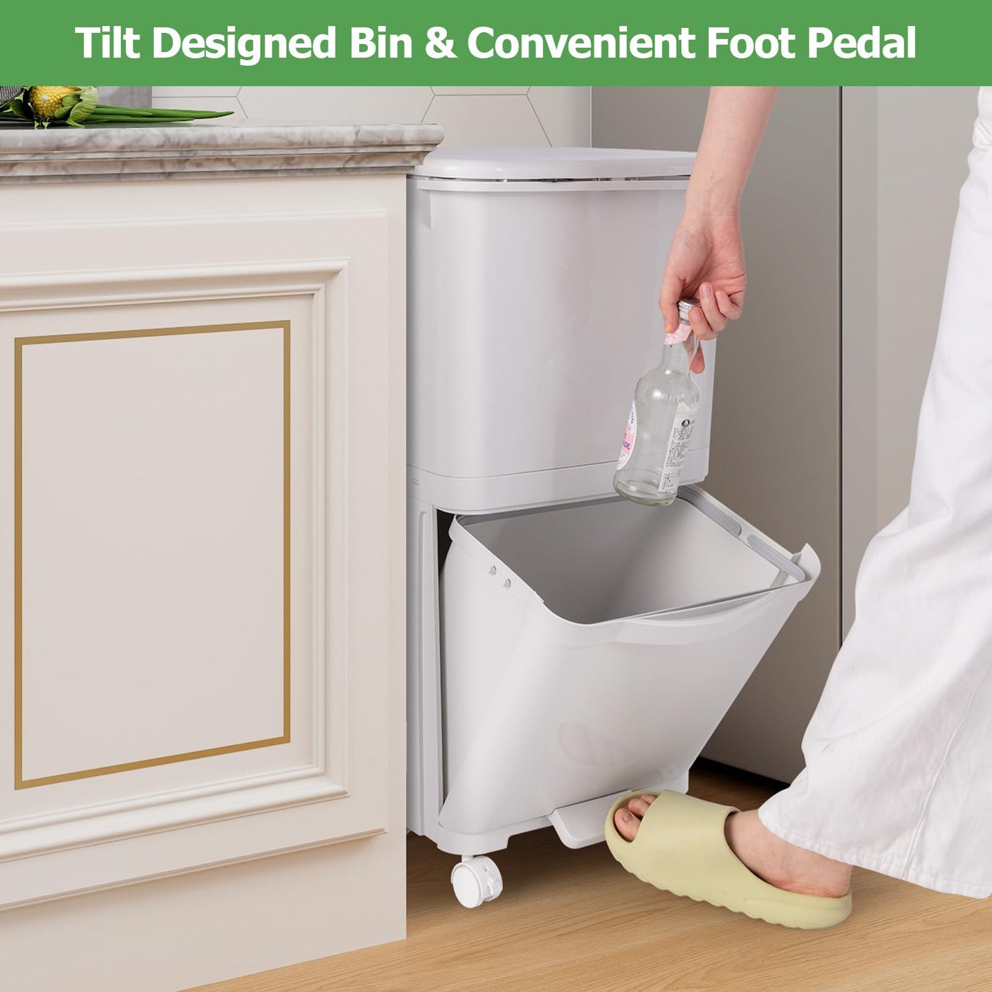 Giantex Recycling Bins 40L Pedal Kitchen Bin with 3 Compartments Lockable Wheels