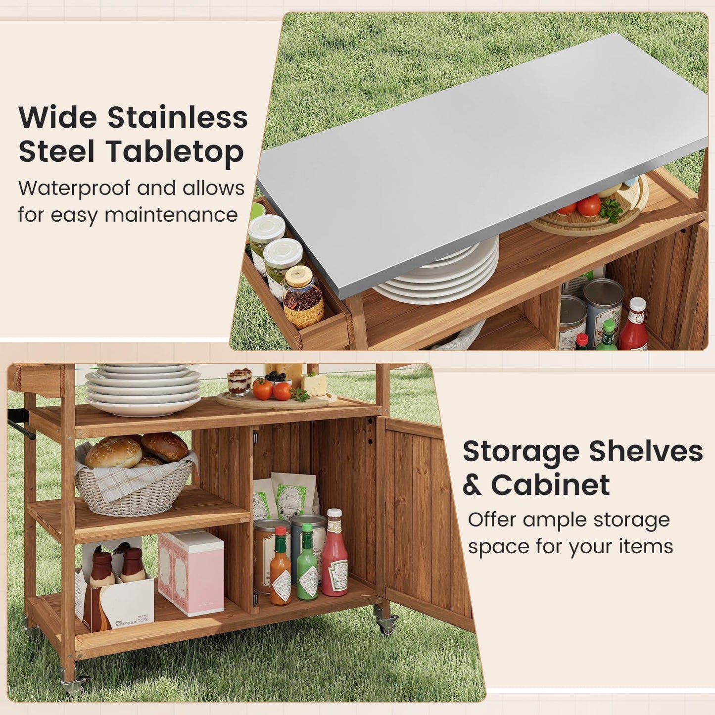 Wooden Grill Cart with Storage Outdoor Kitchen Island with Stainless Steel Top