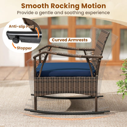 3 PCS PE Rattan Garden Rocking Bistro Set with Tempered Glass Coffee Table