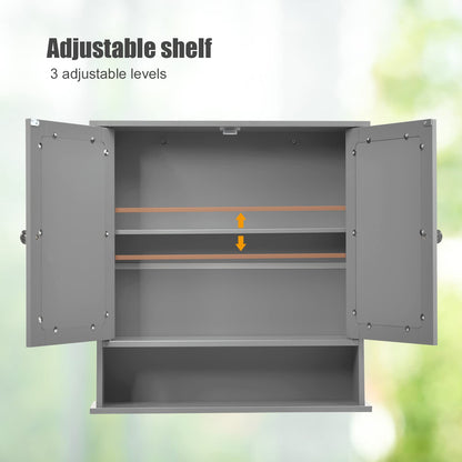 Double Door Wall Mounted Storage Cupboard with Adjustable Shelf and Compartment