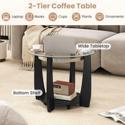 Tempered Glass Coffee Table, 2-Tier Round Cocktail Center Snack Tea Table