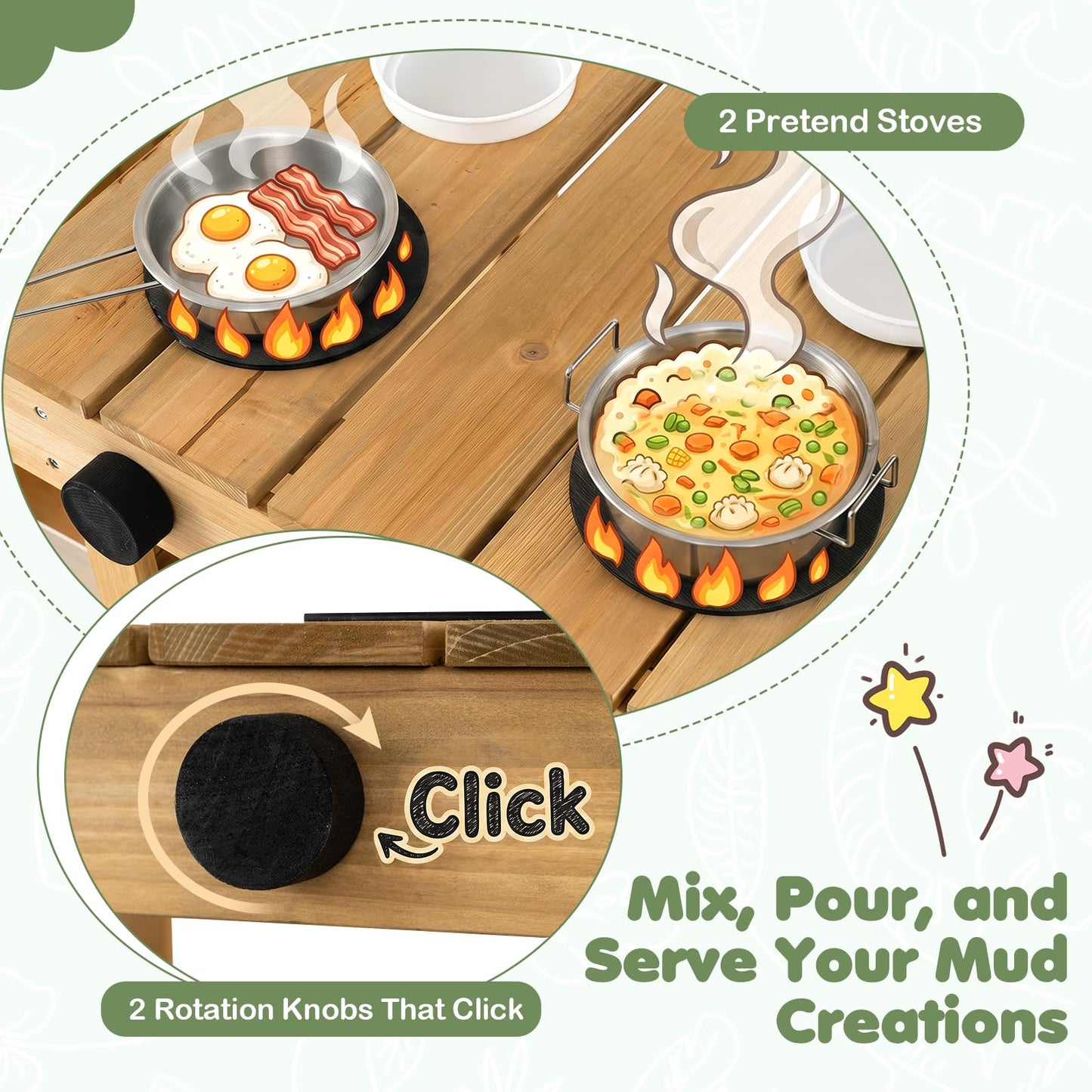 Wooden Chef Pretend Kitchen Playset with Planter Box, Stoves, Sink