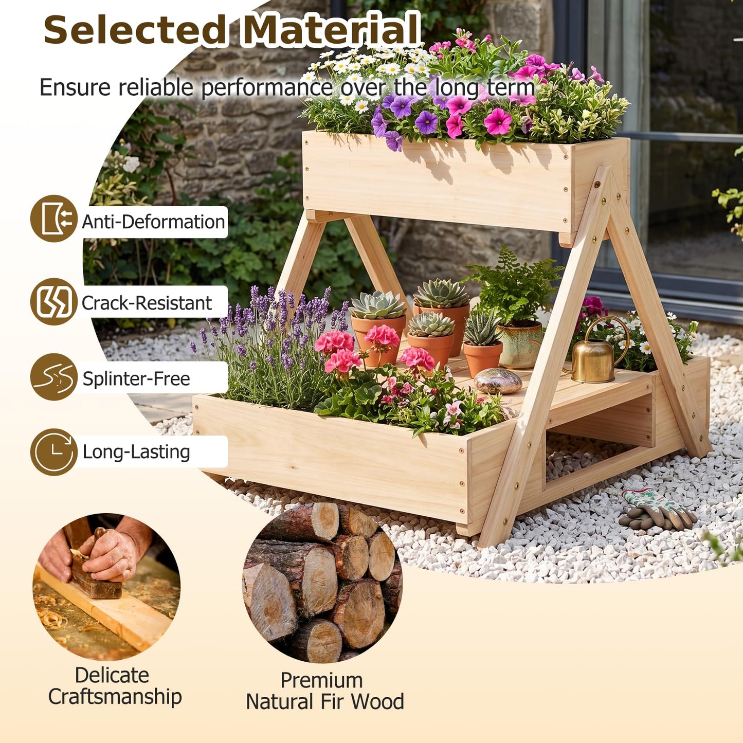 3 Fir Wooden Planter Boxes with Open Storage Shelf and 3 Drainage Holes