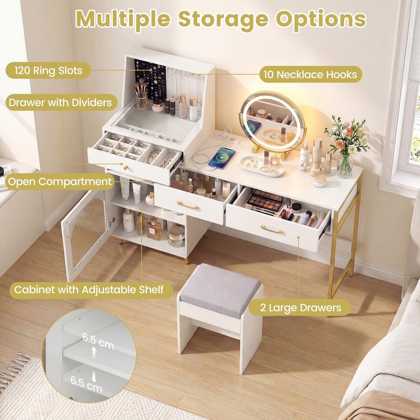 Dressing Table with 3-Color LED Lights Swivel Mirror and Stool