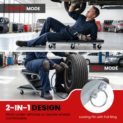 6 Rotatable Wheels, Z-Creeper Seat, Padded Mechanics Creeper Stool