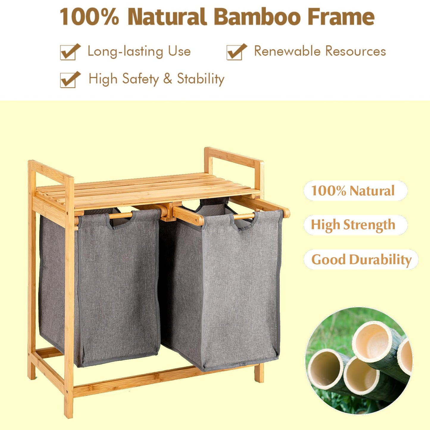 Bamboo Laundry Hamper with Dual Compartments and Removable Sliding Bags