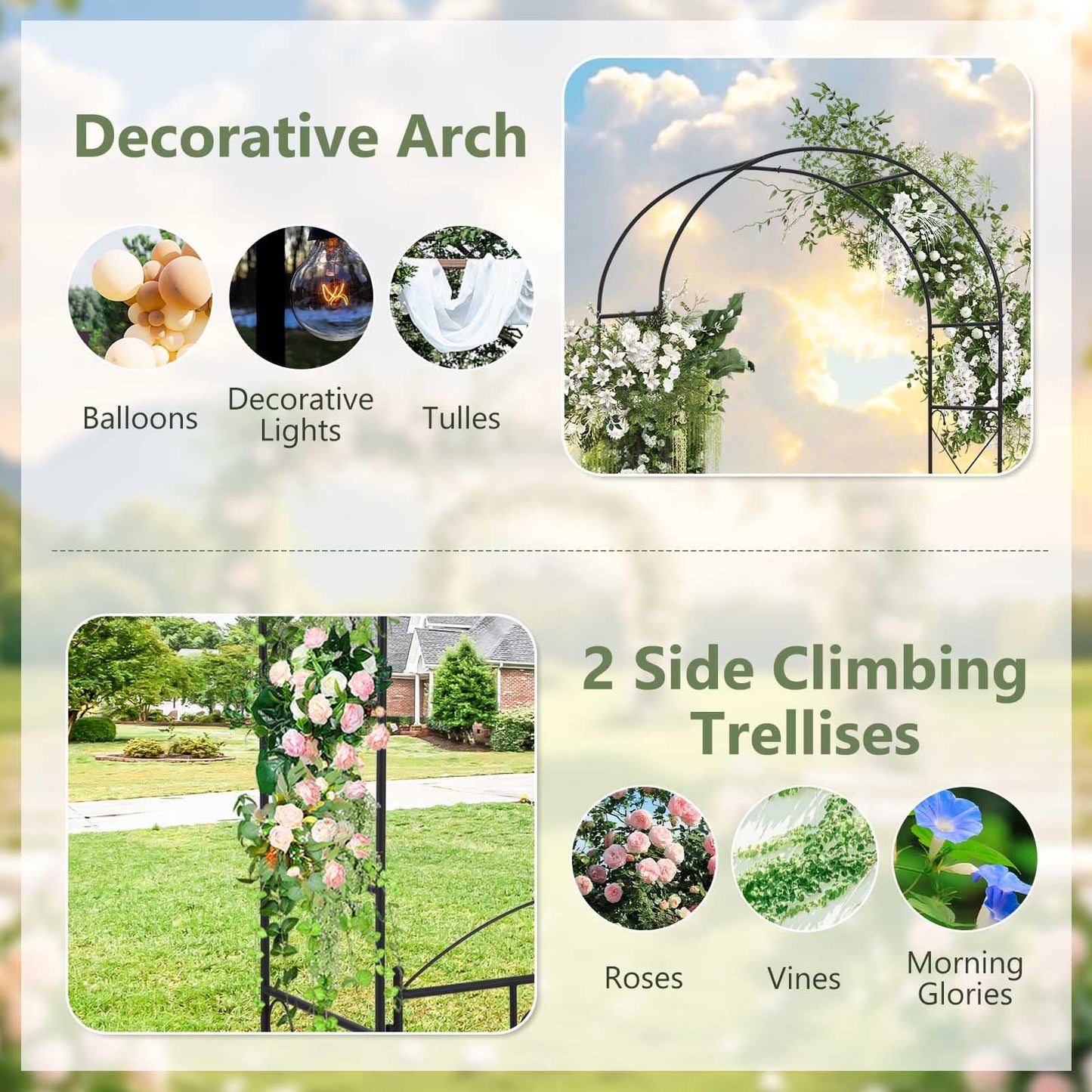 Garden Arch with Gate, Metal Pergola Arbor Trellis for Climbing Plant Rose Vines