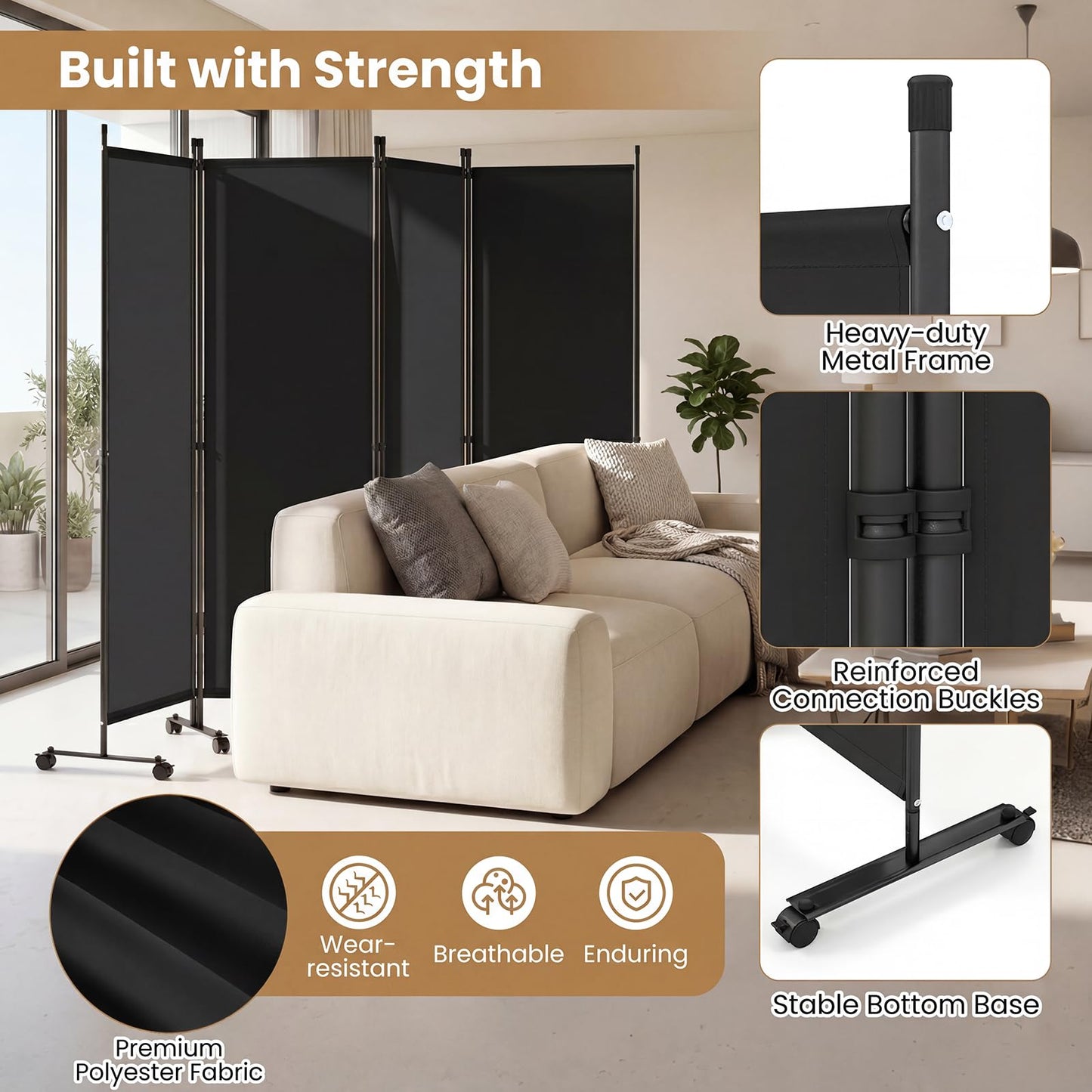 4/6-Panel Folding Room Divider with Wheels