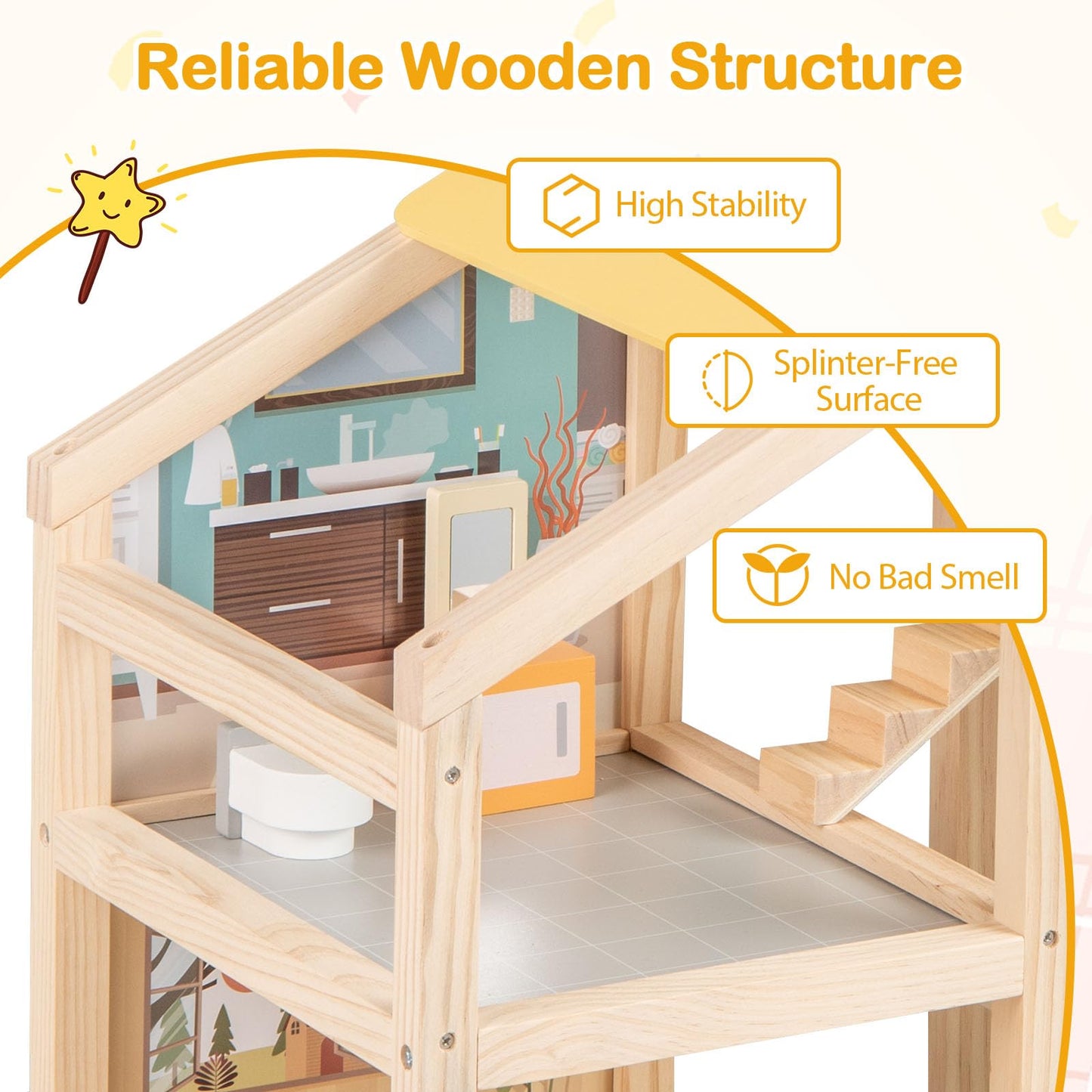 Kids Wooden Dollhouse with 7 Rooms and 18 Pcs Furniture Accessories