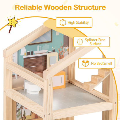 Kids Wooden Dollhouse with 7 Rooms and 18 Pcs Furniture Accessories