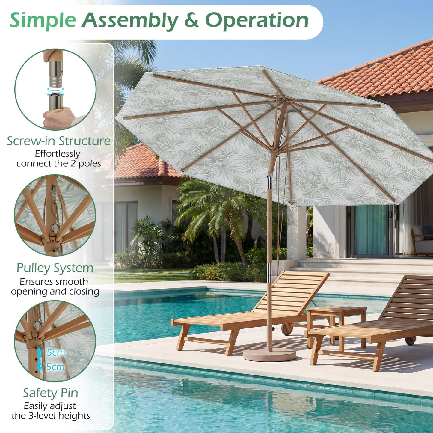 Garden Parasol, Outdoor Heavy Duty Umbrella with Push Button Tilt