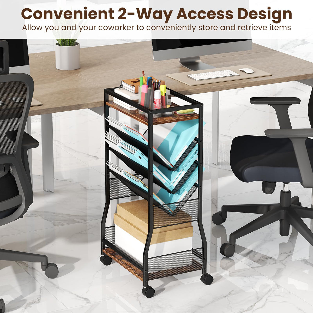 Rolling File Utility Cart with 3 Slanted Side Shelves and Lockable Wheels