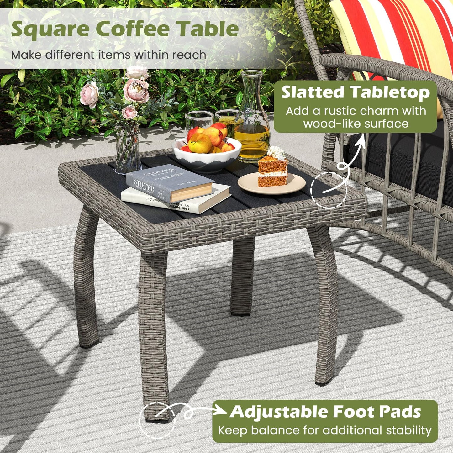 3 Pieces Patio PE Wicker Furniture Set with 5-Level Adjustable Backrest