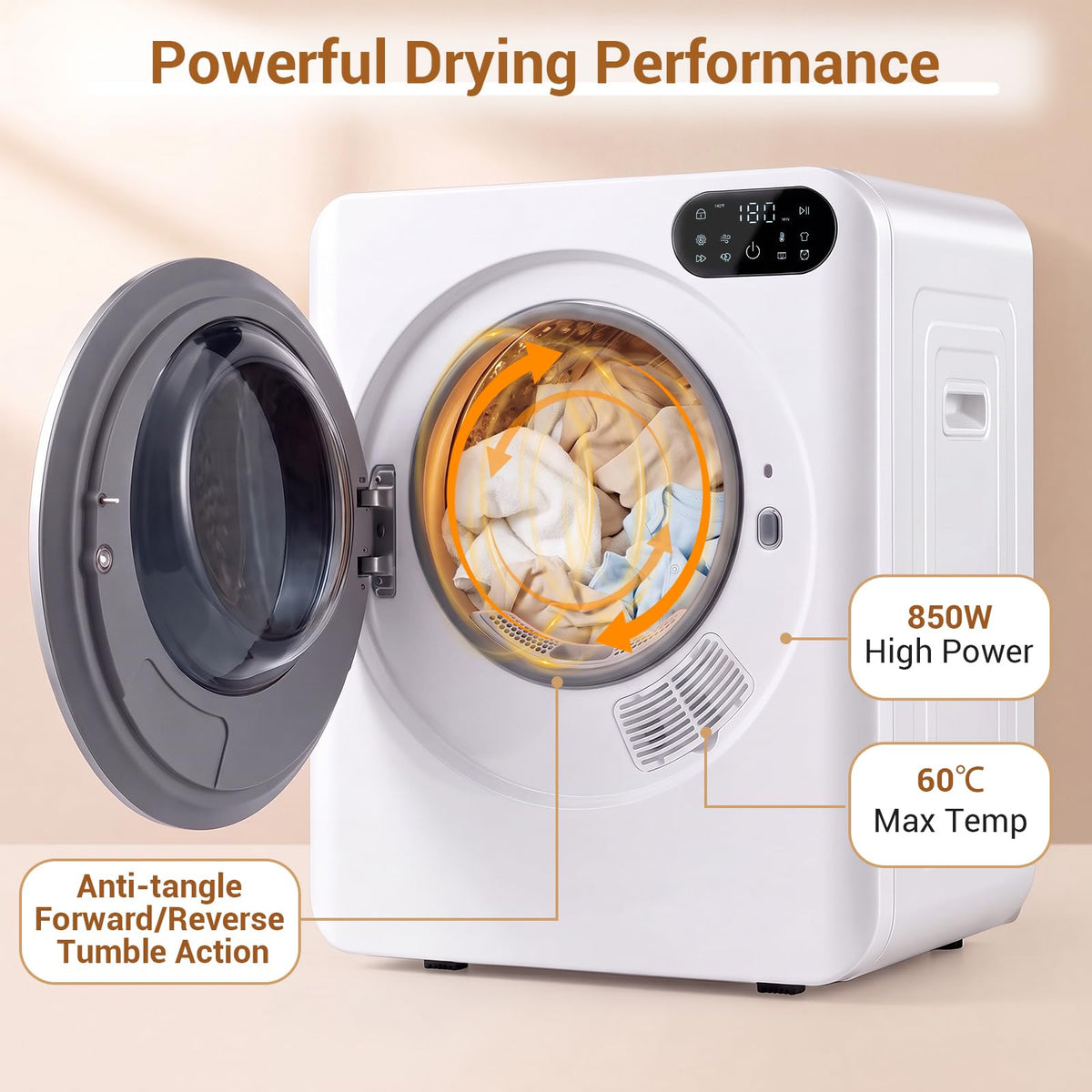 3KG Portable Clothes Dryer with 8 Drying Modes and Stainless Steel Drum for Apartment