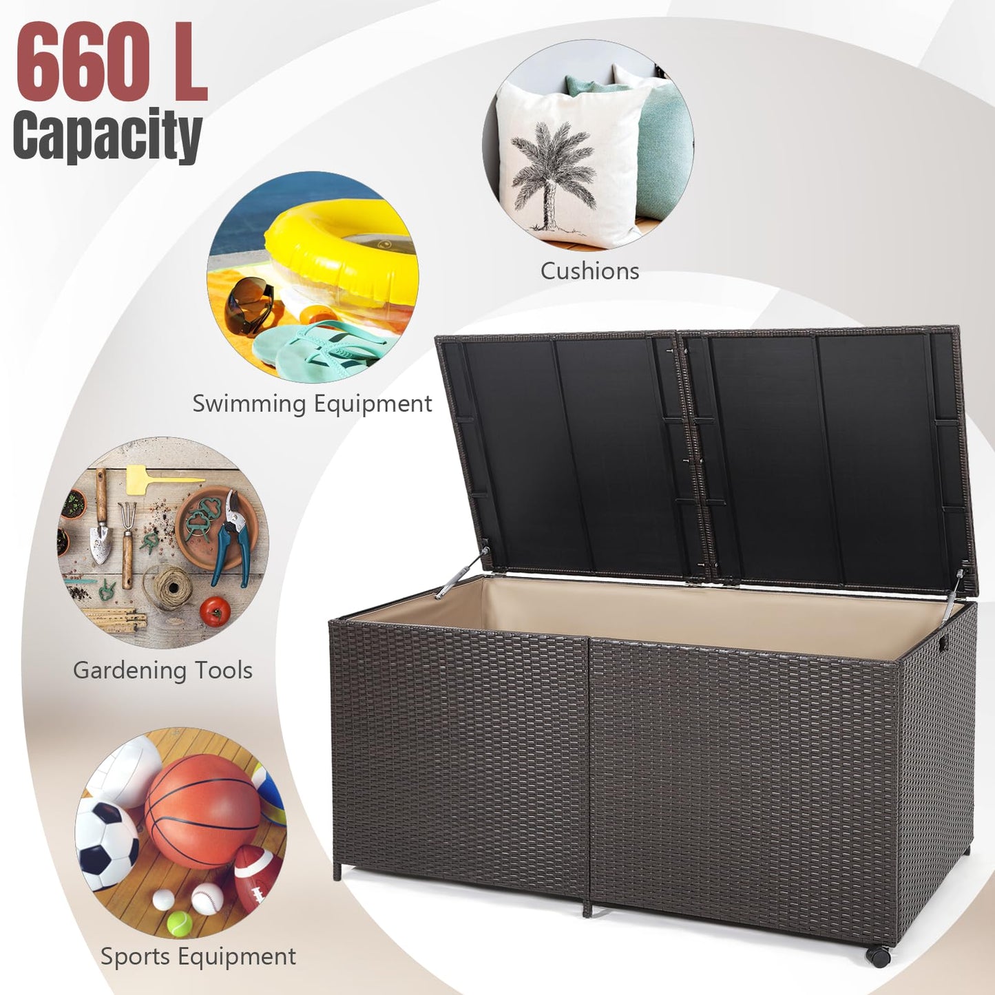 GiantexUK 270/660L Garden Storage Box, Weatherproof Rattan Deck Box with Zippered Liner and Solid Pneumatic Rod