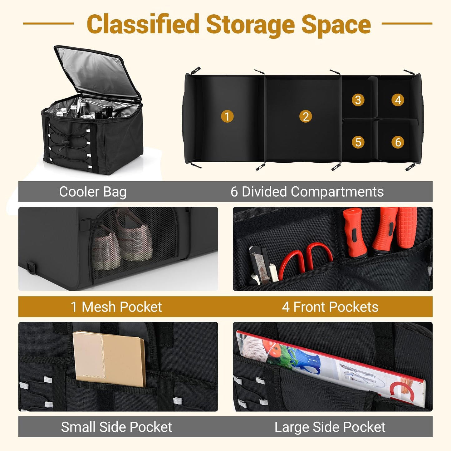 67 L Car Trunk Organizer with Lid 3-Compartment Portable Storage Box