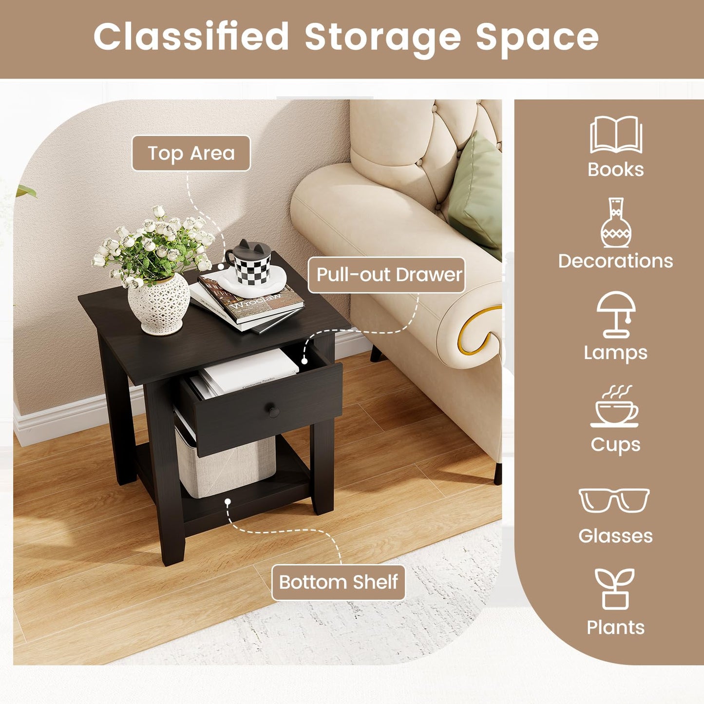 Wooden Nightstand End Sofa Side Table with Drawer and Open Shelf