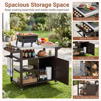 Outdoor Grill Cart Movable Prep Table with Storage Cabinet