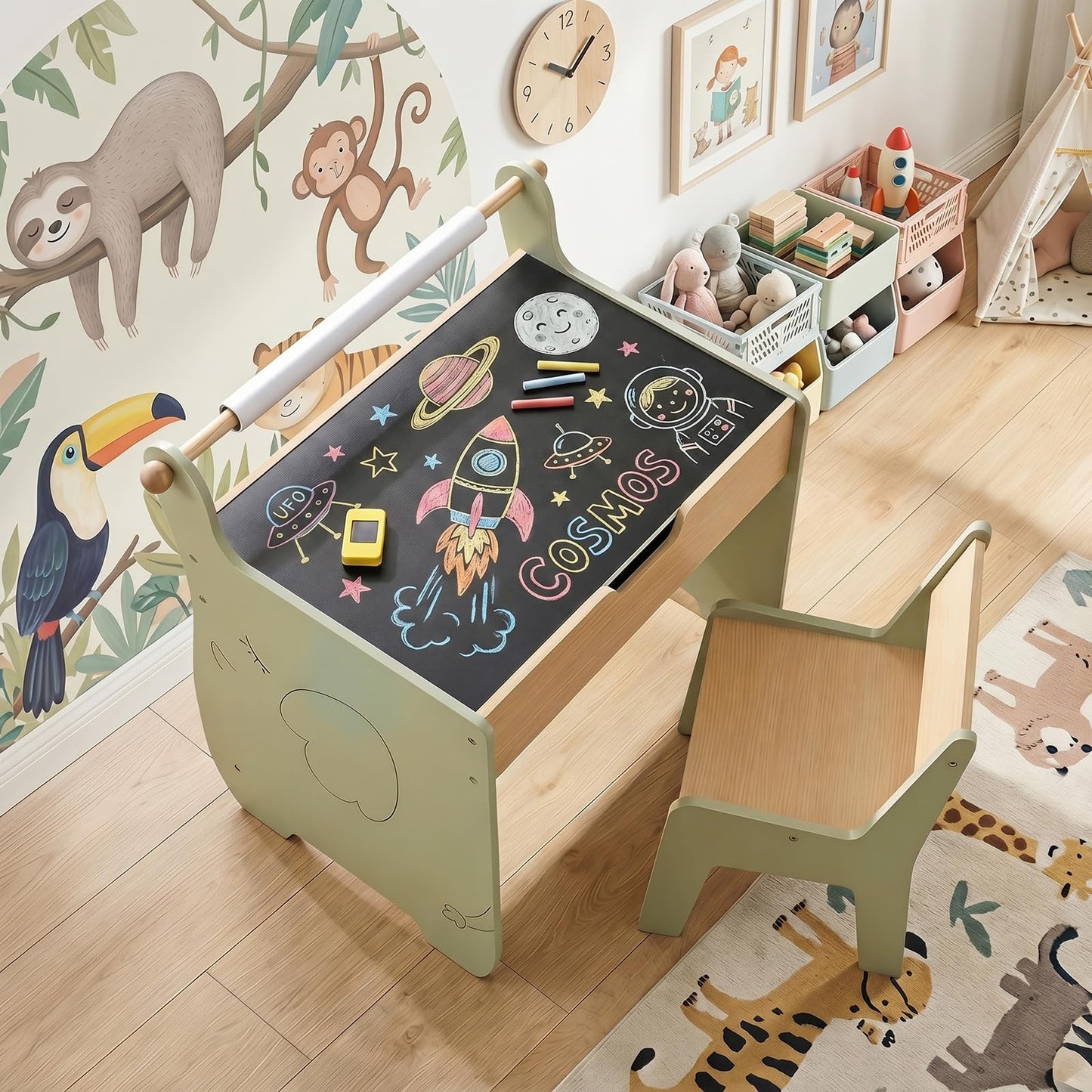 3 in 1 Kids Table and Chair Set, Toddler Art Table with Reversible Blackboard Tabletop