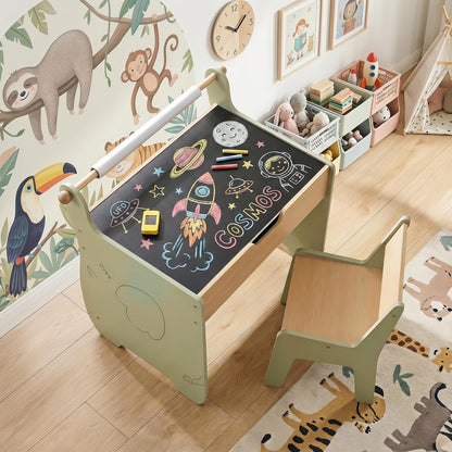3 in 1 Kids Table and Chair Set, Toddler Art Table with Reversible Blackboard Tabletop
