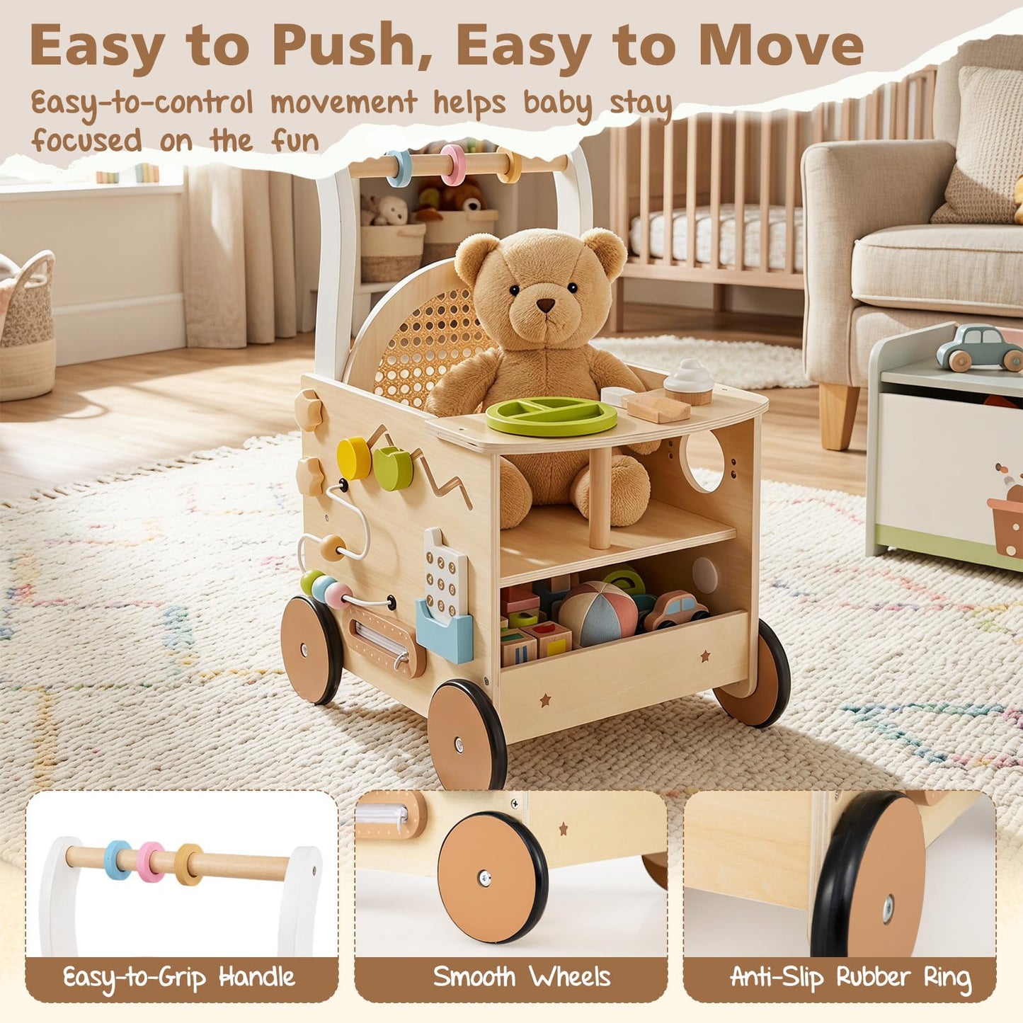13-In-1 Wooden Baby Walker with Wheels and Storage for Boys Girls Aged 1+