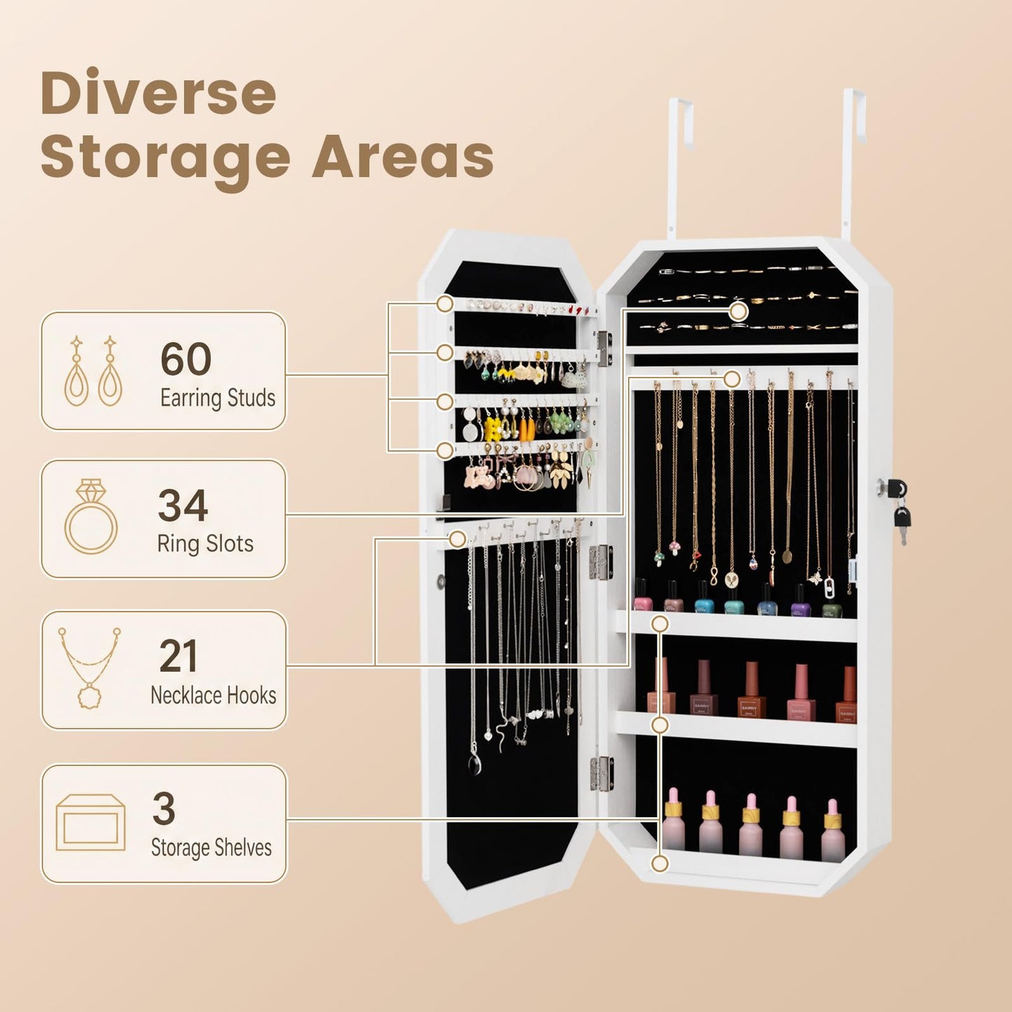 Lockable Full-Length Mirror Jewelry Cabinet with Storage Shelves for Bedroom