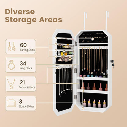 Lockable Full-Length Mirror Jewelry Cabinet with Storage Shelves for Bedroom