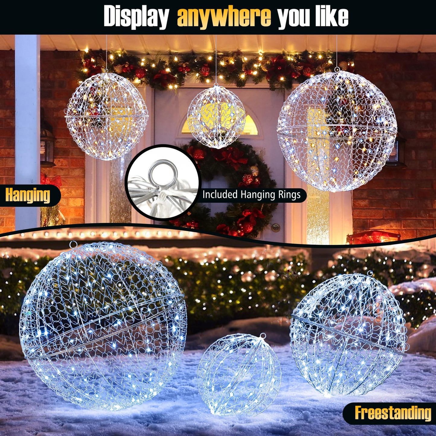3 Pieces Lighted Christmas Balls with Light Color and 8 Dynamic Modes