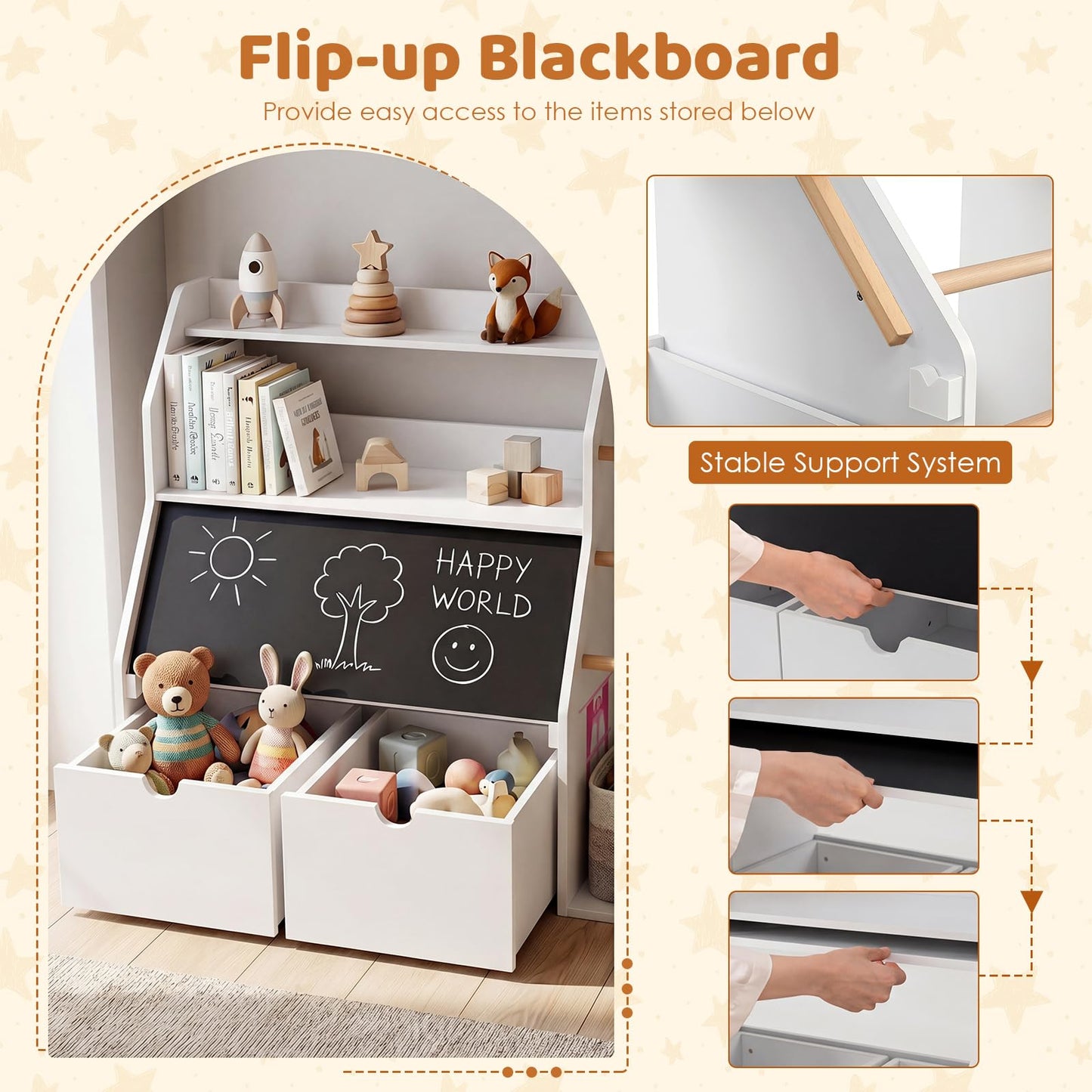 Toy Storage Organizer with Flip-up Blackboard and Movable Drawers for Playroom