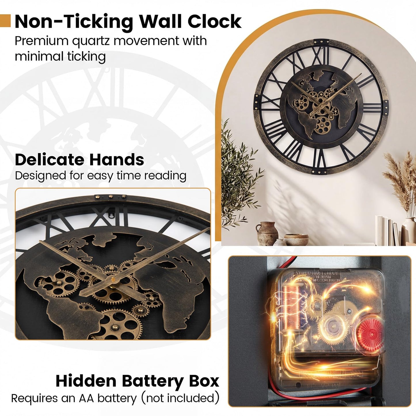 Large Wall Clock, 27”/68cm Metal Non-Ticking Decorative Clock, Battery-Operated Wall Decoration