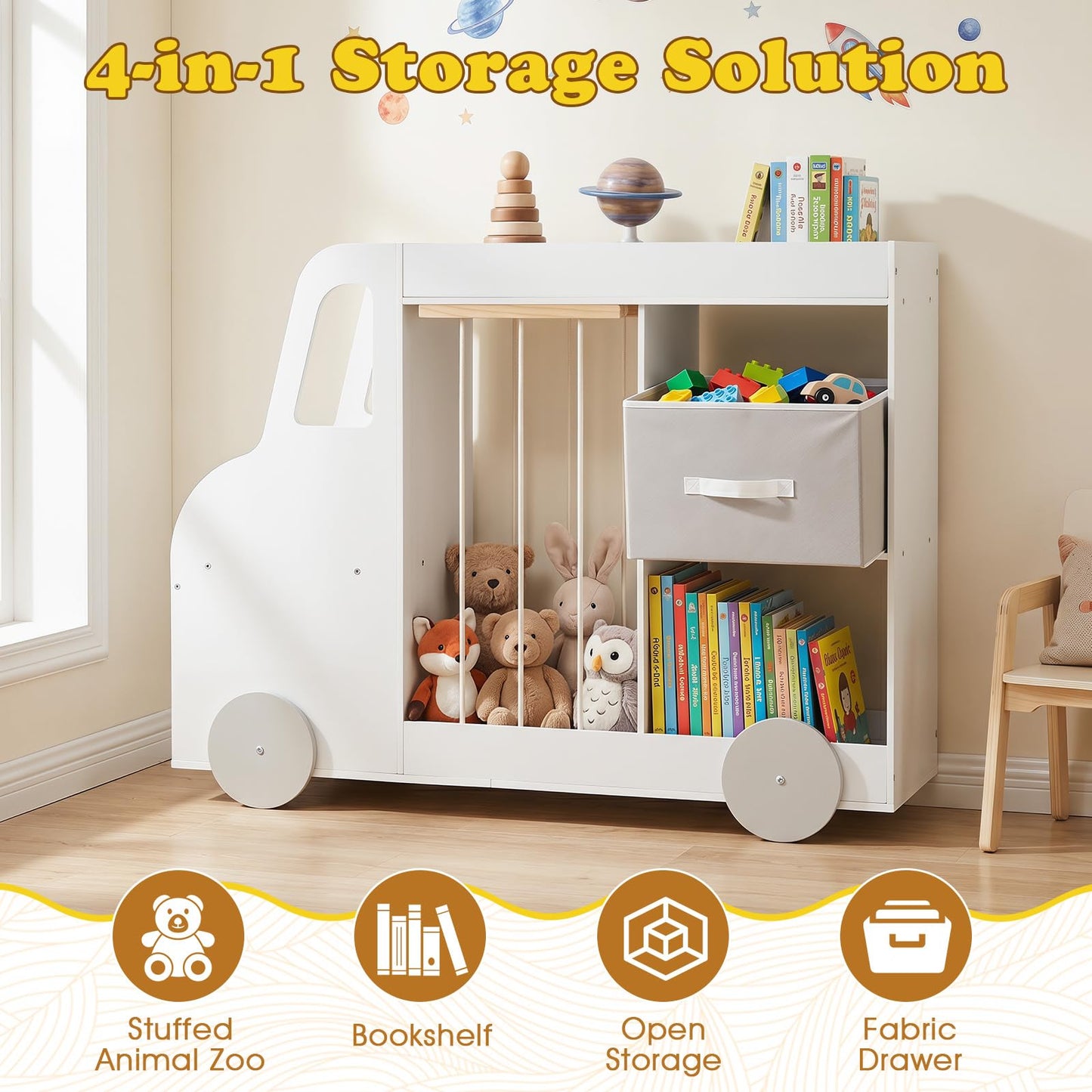 Toy Storage Organizer with Open Shelves & Fabric Drawer for Playroom Nursery
