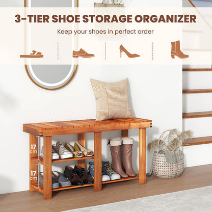 3-Tier Acacia Wood Shoe Rack Bench with Storage Shelf