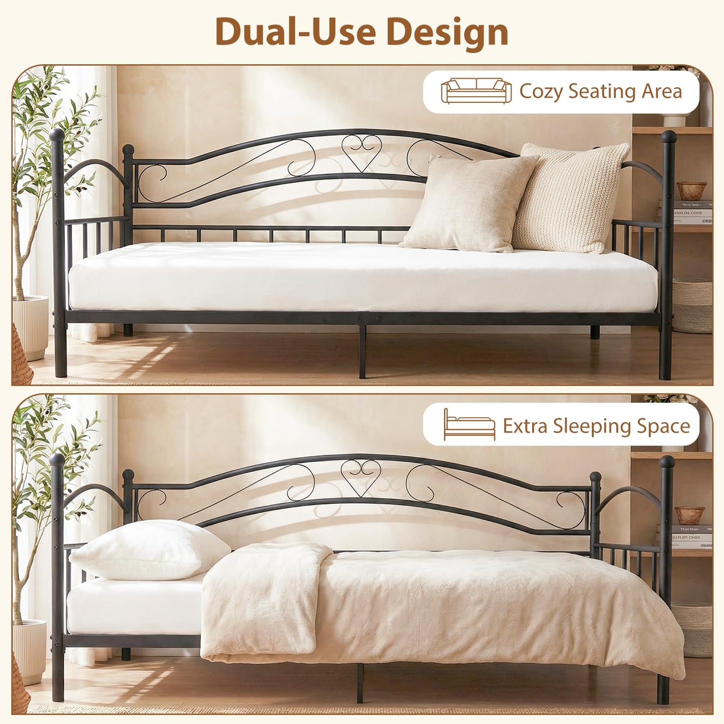 Metal Day Bed Frame, 3FT Single Sofa Bed Base Guest Platform Daybed with Headboard