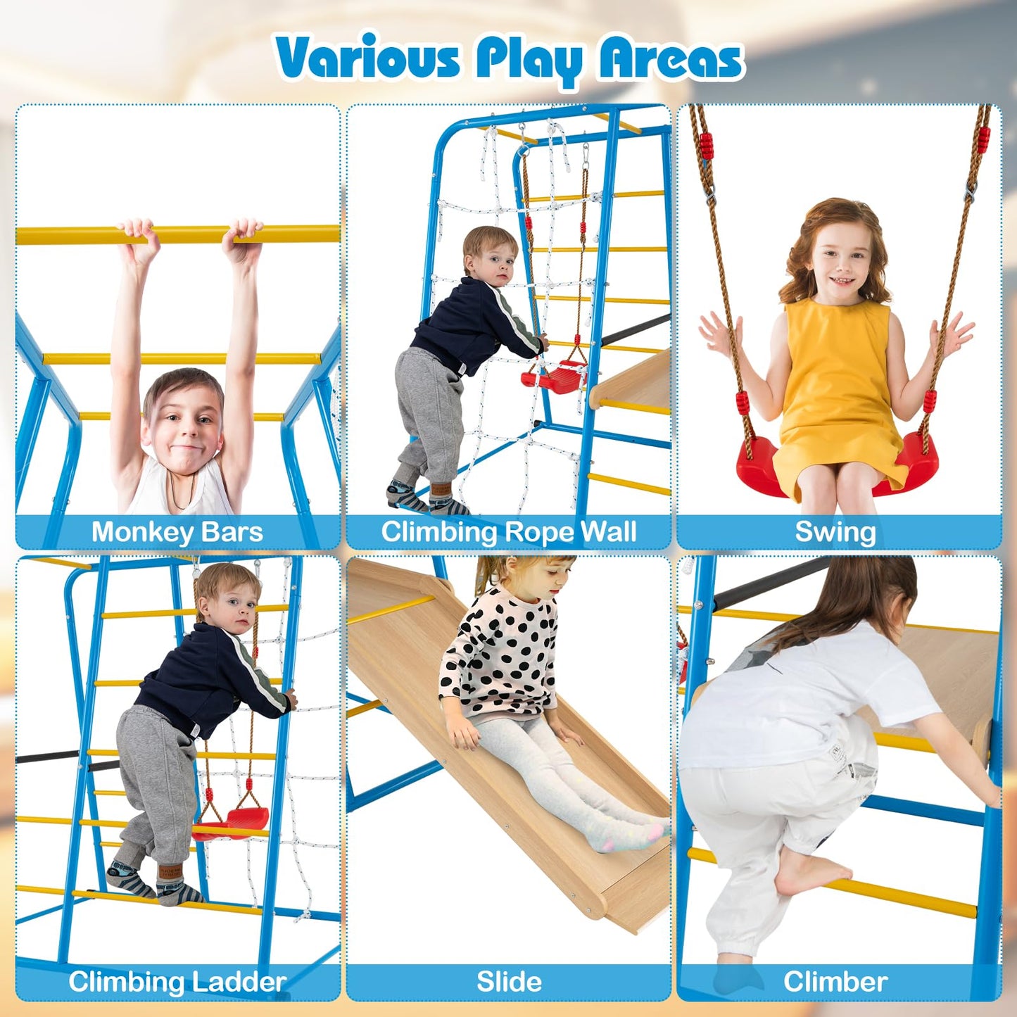 6-in-1 Indoor Jungle Gym Metal Climber with Slide and Monkey Bars