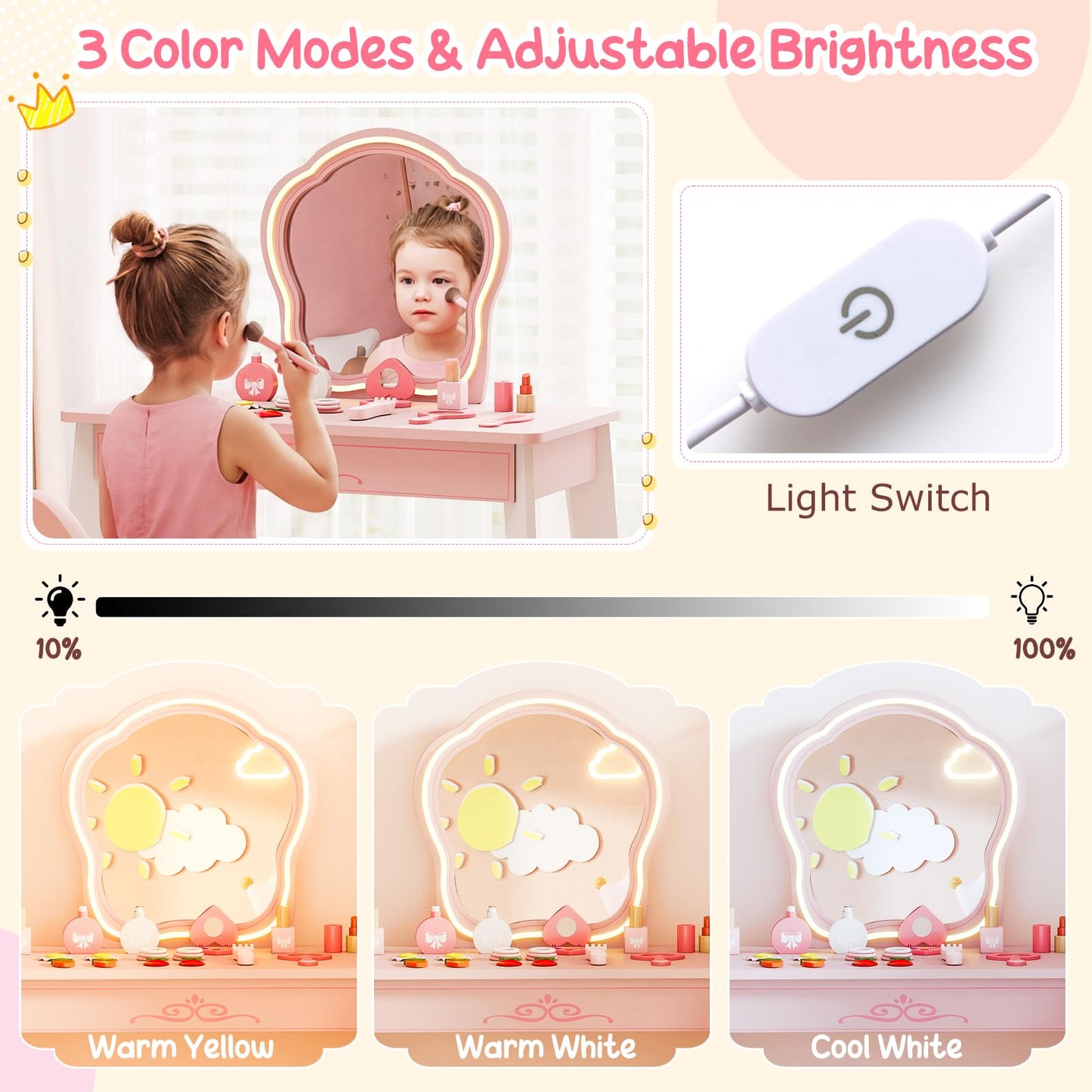 Kids Hair Salon Play Set with LED Lighted Mirror Wooden Pretend Hair Salon Station