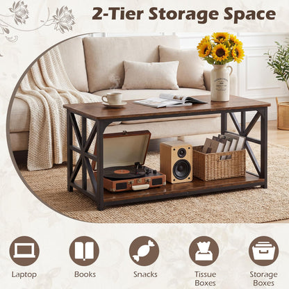 Coffee Table Industrial Farmhouse Accent Table with Open Storage Shelf