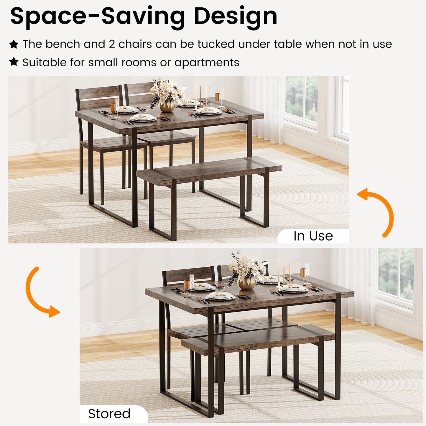 4-Piece Wooden Rectangular Dining Table Set with 1 Bench and 2 Armless Chairs for 4