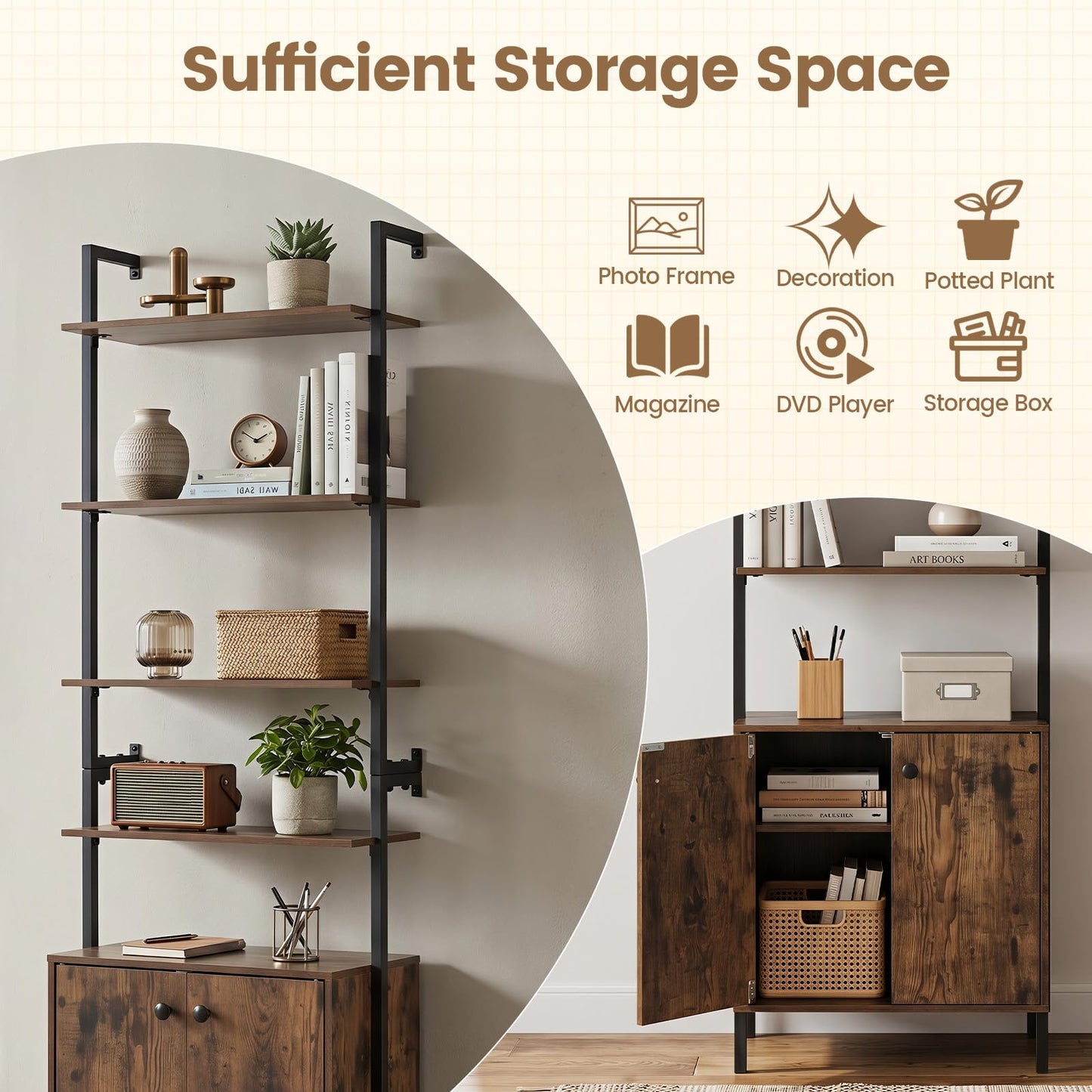 7-Tier Ladder Bookshelf with 2-Door Cabinet and 4 Shelves