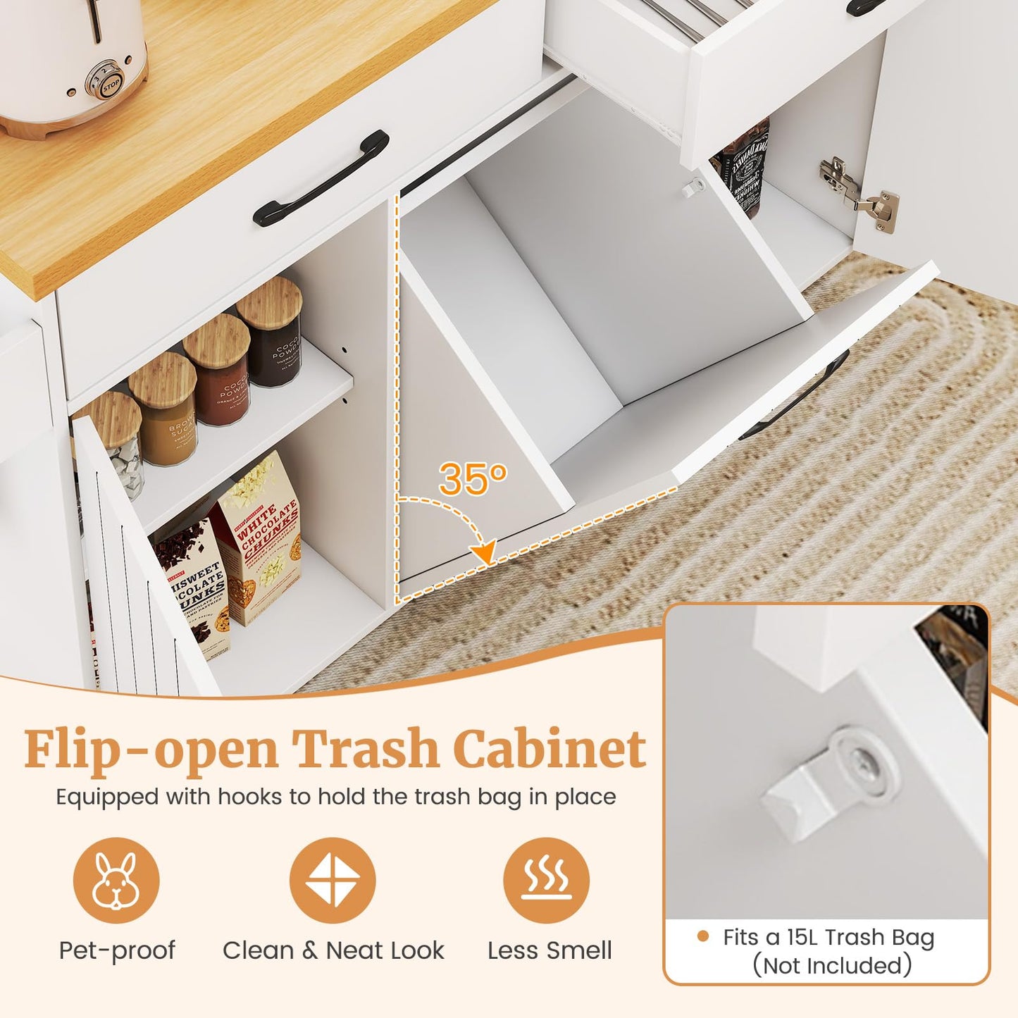 Mobile Kitchen Island with Trash Can Storage with 2 Drawers
