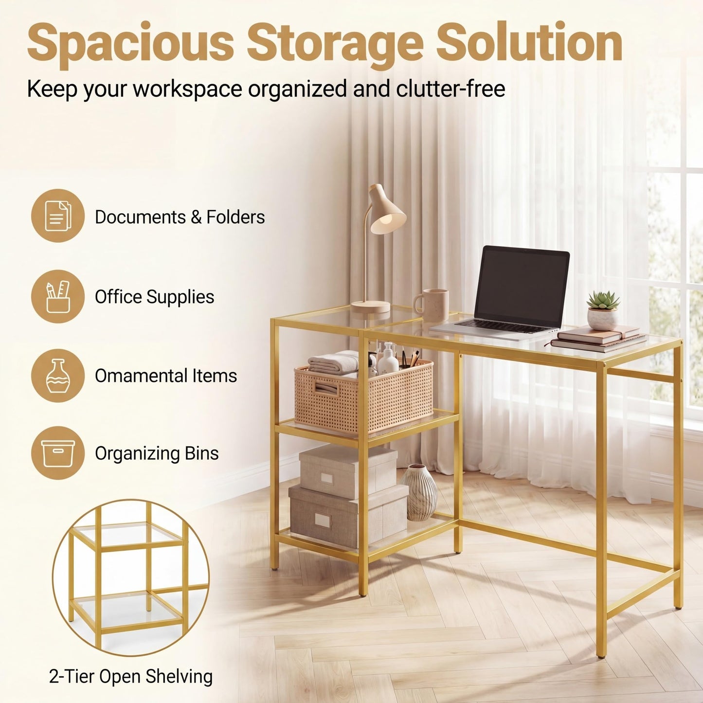Tempered Glass Computer Desk Modern Office Desk with Open Storage Shelves