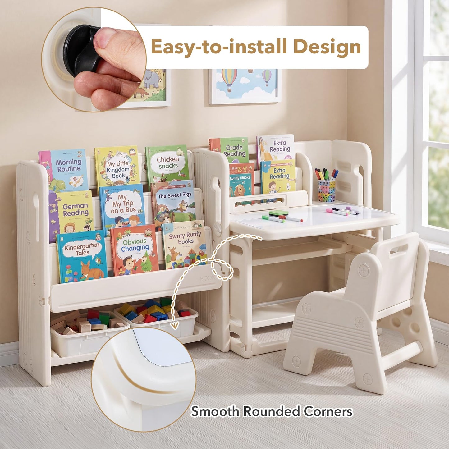 Kids Desk and Chair Set with Side Bookshelves and Whiteboard