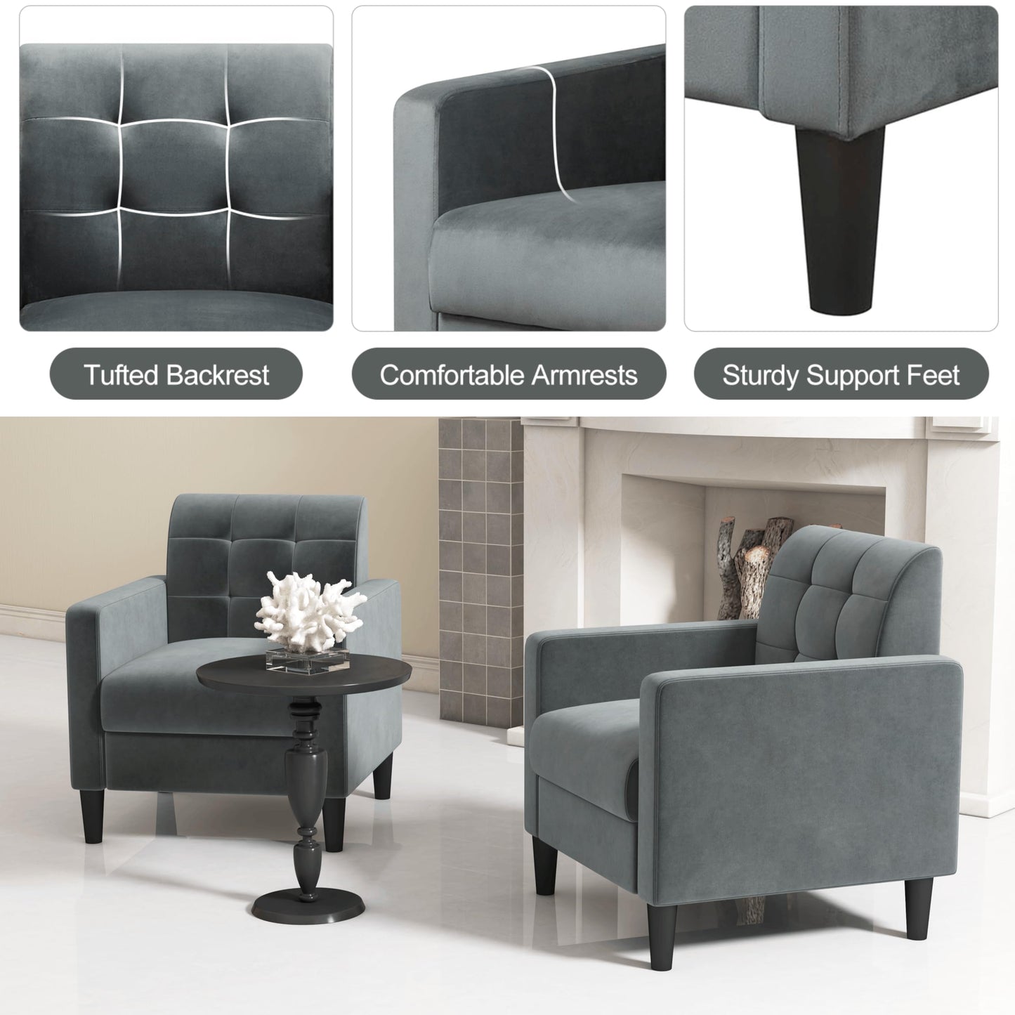 Upholstered Armchair Modern Velvet Accent Chair with Tufted Back