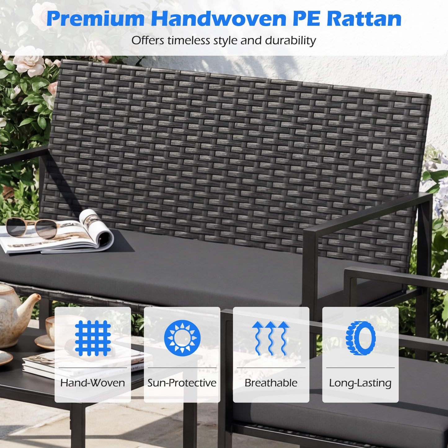 4-Piece Rattan Garden Furniture Set, Patio Conversation Set with Loveseat