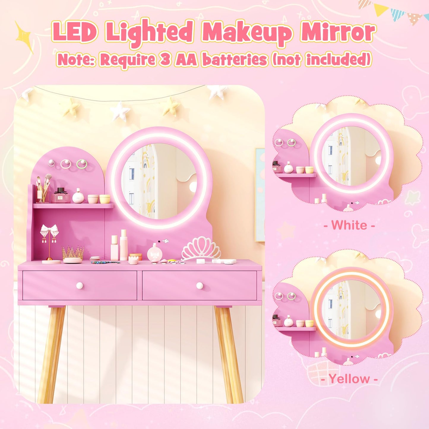 Wooden Kids Vanity Set with Lighted Mirror, Hooks and Storage Drawers