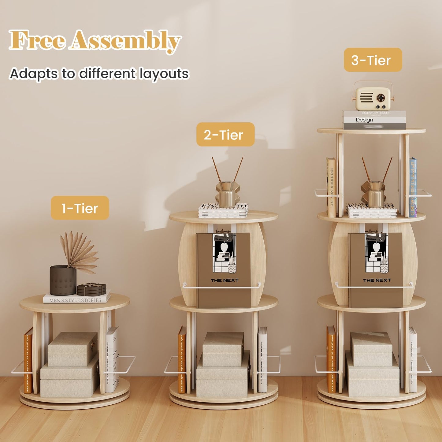 3-Tier 360° Spinning Bookshelf Tower with Display Stands for Small Spaces