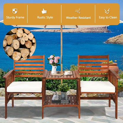 2-Seater Garden Loveseat, Wooden Bench Seat with 2 Tier Coffee Table and Umbrella Hole