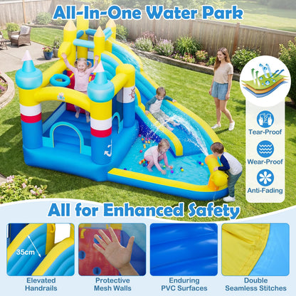 Inflatable Water Park, Kids Bouncy Castle with Slide, Splash Pool, Water Cannon, Climbing Wall